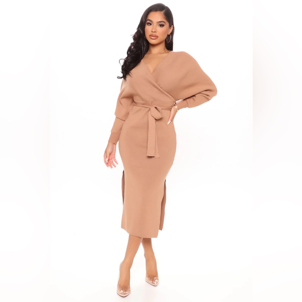 Wrapped All Around Me Midi Sweater Dress - Taupe